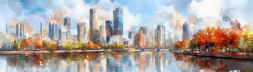 Obraz premium Vibrant Urban Landscape with Autumn Colors Reflected in Water