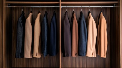 Stylish blazer collection showcase modern closet fashion photography neutral tones close-up view elegant wardrobe organization