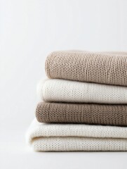 Stack of folded knitted blankets in different colors. the blankets are neatly folded and stacked on top of each other.