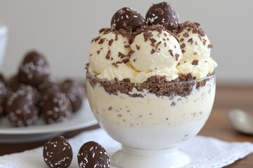 Tiramisu dessert in clear glass cup topped with whipped cream and chocolate flakes served on rustic dark background as gourmet food wallpaper