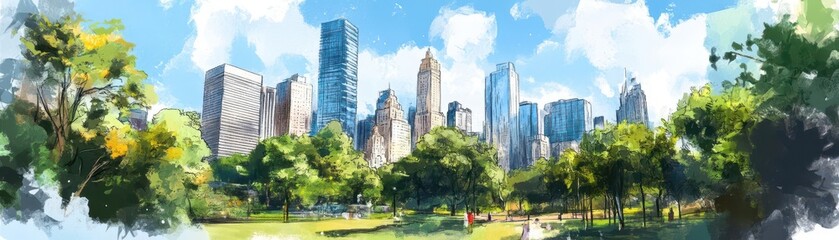 Vibrant City Skyline Surrounded by Lush Green Park Landscape