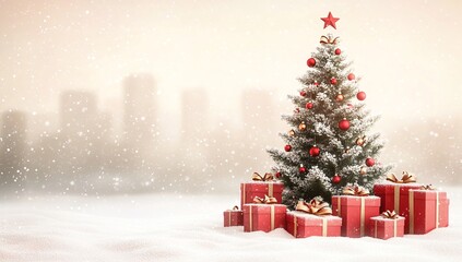 Obraz premium A snow-covered Christmas tree adorned with red and gold ornaments stands in a winter wonderland, surrounded by festively wrapped gifts.