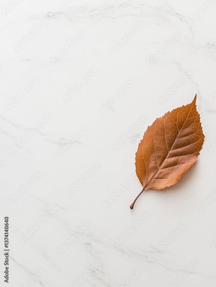Aufkleber flat lay of a single leaf on a white marble surface. the leaf is orange in color and appears to be d