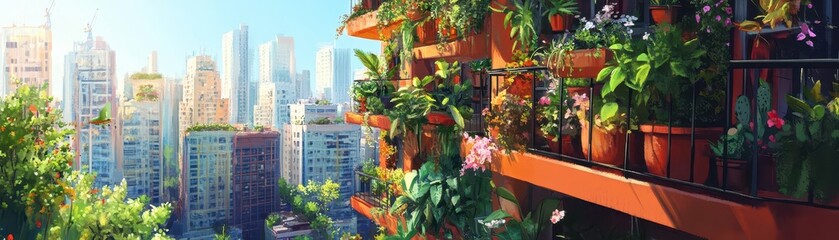 Urban Balcony Garden with Lush Greenery and City Background
