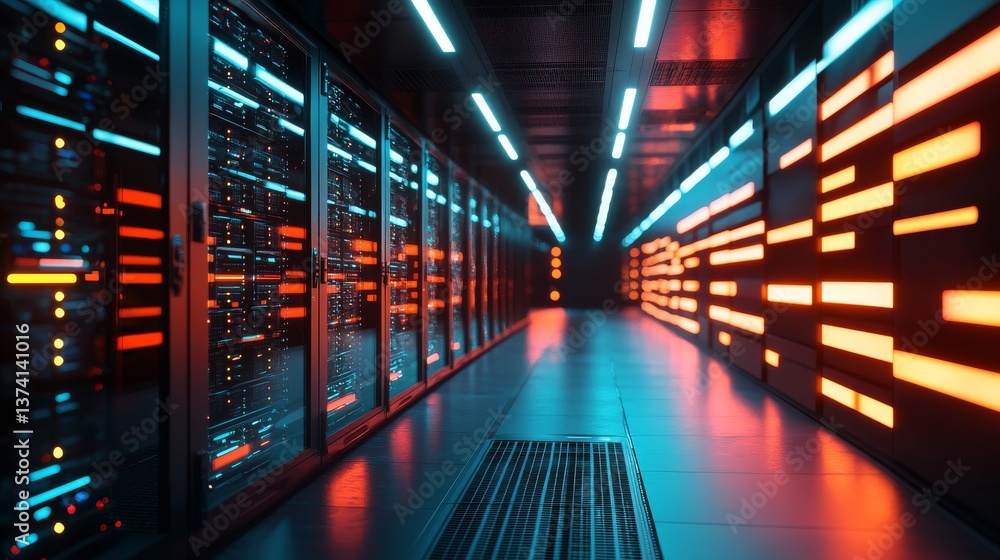 Poster futuristic server room with a closeup view of an abstract digital graph representing the flow of inf