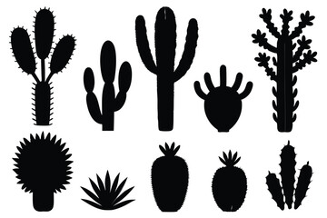 Cactus silhouettes set isolated flat vector illustration on white background.