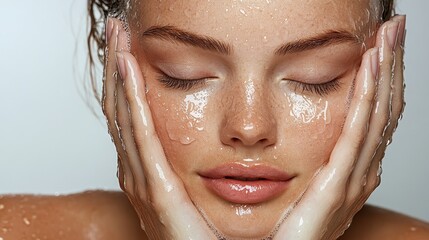 Model washing face with cleansing water beauty spa studio skincare routine relaxing atmosphere close-up self-care
