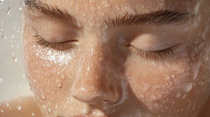 Fototapeta premium Refreshing beauty face wash action for skincare models in a clean environment close-up viewpoint