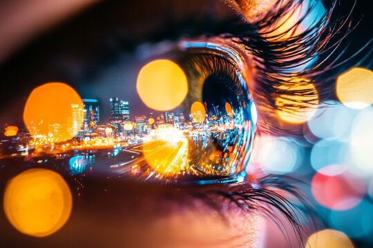 A technologically advanced eye reveals a holographic blueprint of a metropolitan area, symbolizing pioneering urban strategy