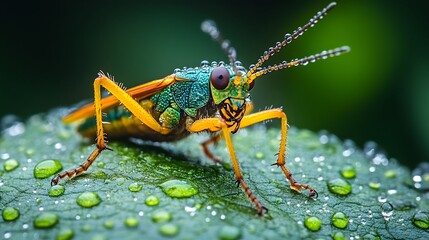 Fototapeta premium A close-up macro illustration of an insect resting on a dew-covered leaf intricate details and textures