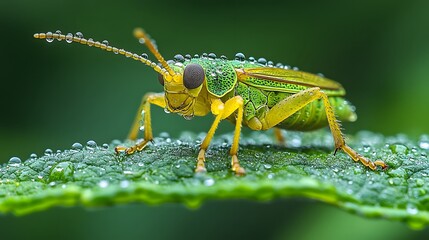 Fototapeta premium A close-up macro illustration of an insect resting on a dew-covered leaf intricate details and textures