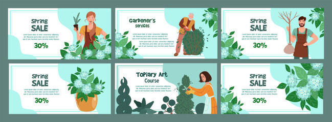 Fototapeta premium Collection of vector illustrations featuring gardening themes and spring sale promotions. Includes diverse characters engaged in gardening tasks, showcasing plants and garden tools with vibrant spring