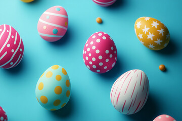 Obraz premium Vibrant Easter eggs in pink, yellow, and blue with playful designs are scattered artistically on a bright blue surface, capturing the spirit of springtime festivities and celebrations