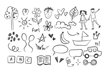 Scribble, doodle, kid set hand drawing on paper with pencil, crayon, charcoal, and chalk texture. Naive and childish element, book illustration, and more.	
