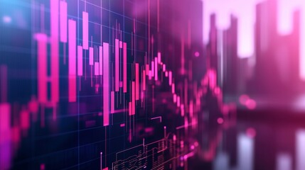 Fototapeta premium A stunning stock photo captures a vibrant neon backdrop in the stock market, featuring a transformative financial graph with an upward trend line within a candlestick chart