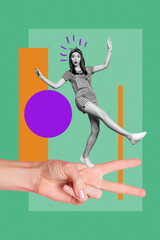Collage surreal image of woman stand on big hand showing v sign fall over green color background