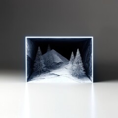 A striking 3D depiction of a snowy landscape featuring pine trees and a mountain, framed within a lit rectangular structure.