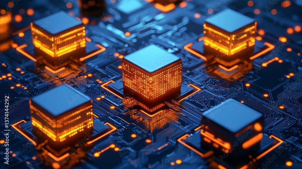 Poster modern abstract futuristic computer technology incorporates a square cube microchip system for hardw