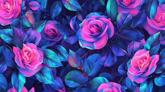 A vibrant and radiant design featuring neon roses that exude energy, ideal for a dynamic and futuristic look