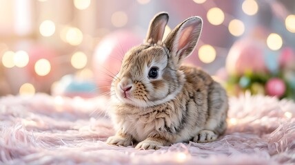 Adorable Baby Bunny Sitting on Soft Pastel Pink Fluffy Surface with Dreamy Blurred Bokeh Background in Warm Tones Perfect for Easter Celebrations Spring-Themed Designs Cute Animal Stock Photography