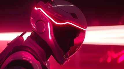 Distant stars are reflected in the helmet of an astronaut who wears a sleek, futuristic spacesuit and gazes out into the distance