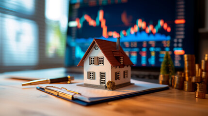 House miniature on financial documents, with on-screen market charts and stacked coins, symbolizing real estate investment analysis and financial management.