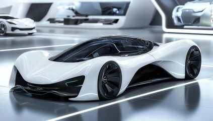 A sleek white car with a futuristic design is positioned on a glass floor in a showroom that features a glass ceiling, and it has black rims for a modern touch
