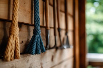 A close-up image displaying various rustic gardening tools hanging on a wooden wall, showcasing the beauty of craftsmanship and the essence of gardening life.