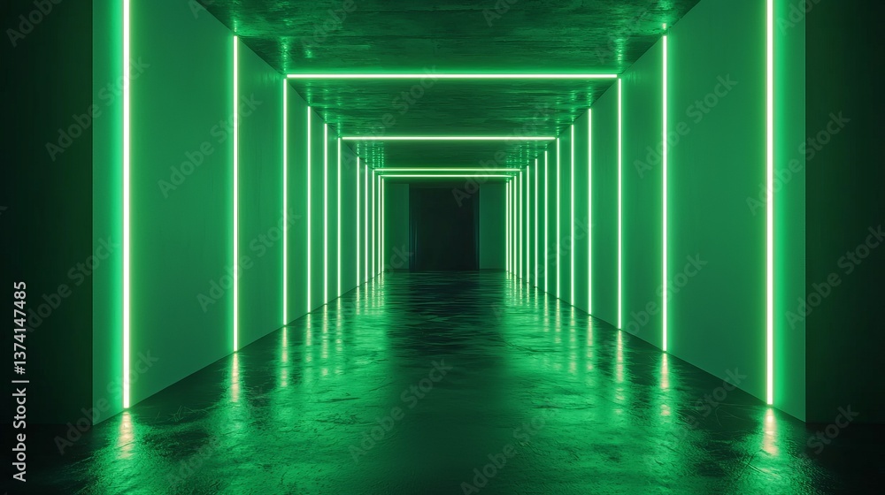 Poster the appearance of green futuristic illuminated lines is reflected vertically on a dark surface