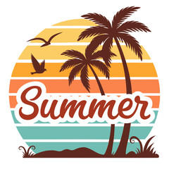 Obraz premium Vibrant Summer T-Shirt Design with Sunset Gradient & Palm Tree Silhouette vector illustration on transparent background