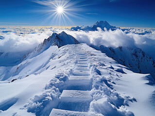 In the snow-covered mountains, there is an icy path leading to distant peaks. The sun shines brightly in the blue sky, with white clouds above the sea of clouds. A series of steps has been carved alon
