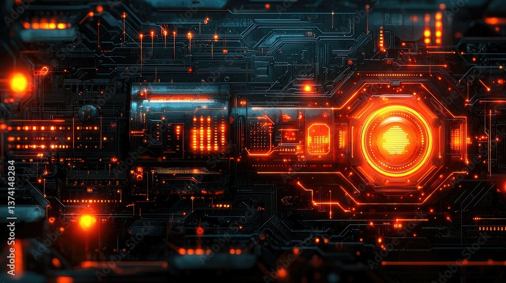 Poster illuminated circuitry displaying complex network data information in bright colors