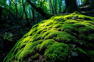 Lush green moss covers a forest floor, illuminated by gentle sunlight filtering through tall trees
