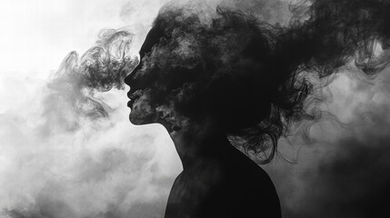 Fototapeta premium Woman Silhouette Smoke Hair Abstract Monochrome