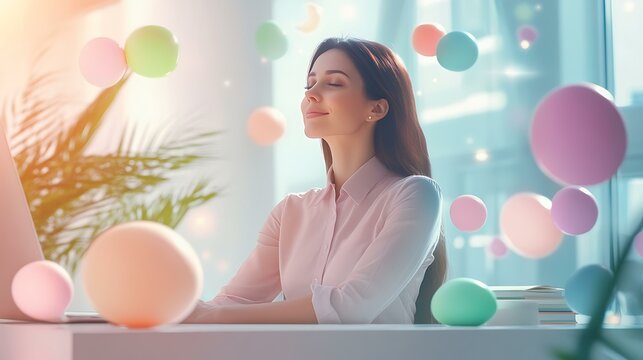 Focused executive woman sitting in a meditative posture at her desk, pastel-colored Easter elements providing a gentle and relaxing environment