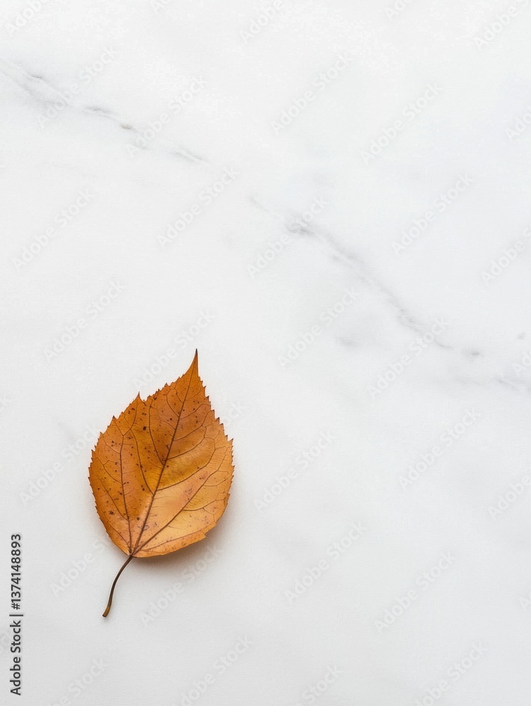 Fototapete flat lay of a single leaf on a white marble surface. the leaf is orange in color and appears to be d
