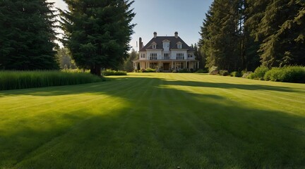 An image of a large, light-colored, two-story house with balconies and many windows, located on a large, perfectly trimmed green lawn. The house is surrounded by tall trees and bushes.