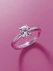A stunning diamond ring features a round cut gemstone set in a polished silver band against a vibrant pink backdrop