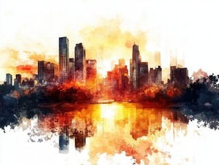 Fototapeta premium Vibrant Sunset Over a City Skyline Reflected in Water
