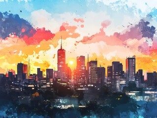Obraz premium Vibrant Sunset Over Urban Skyline with Colorful Cloudy Sky