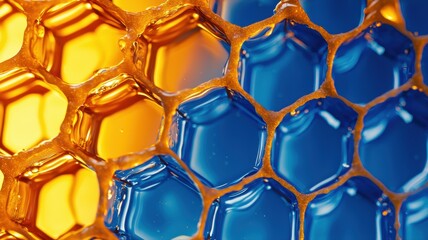 Close-up view of a honeycomb revealing rich orange and blue hues that highlight the complex hexagonal patterns and textures