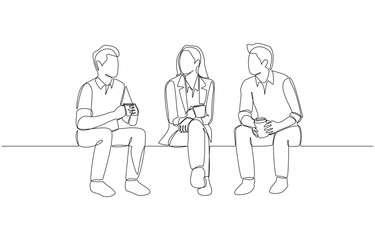 Continuous one line drawing of colleagues chatting casually during coffee break, small talk during break at work  concept, single line art