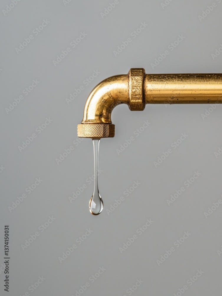 Poster close-up of a golden-colored faucet with a single drop of water hanging from it. the tap is made of 