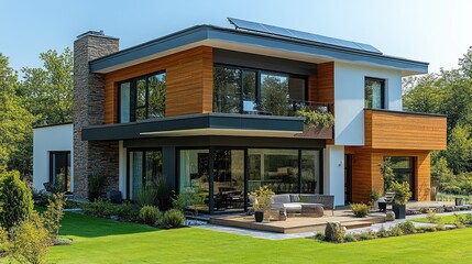 Fototapeta premium Modern two-story house with wood siding, solar panels, and large windows.