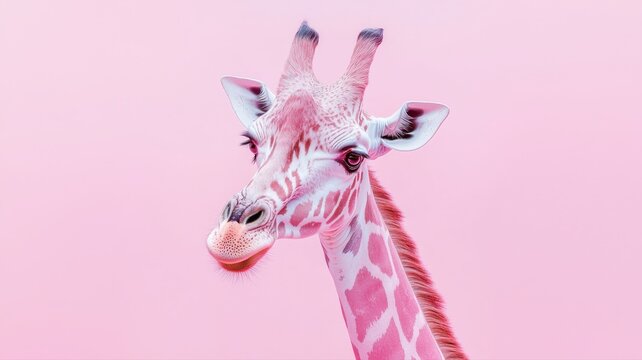 A pink giraffe gazes playfully towards the viewer, standing out against a soft pink background that enhances its unique coloration, copy space