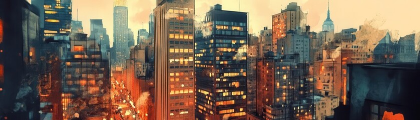 Vibrant City Skyline at Dusk with Illuminated Buildings and Streets