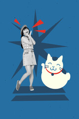 3D photo collage trend sketch template artwork of young lady stand smile amazed cat mascot kawaii oriental national eastern tradition