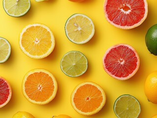 Obraz premium Slices of various citrus fruits, including oranges, lemons, and limes, are artfully laid out on a bright yellow surface