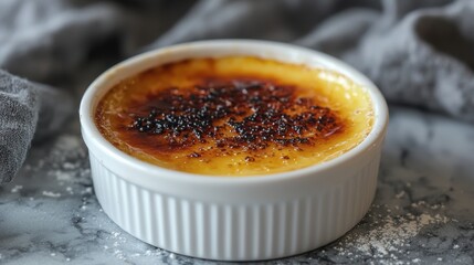 Creamy Vanilla Crème Brûlée Dessert in White Ramekin