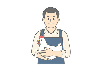 農家, 男性, 畜産, 養鶏, 鶏, ニワトリ, 家畜, たまご, 食育, 農業, 農業男子, 田舎暮らし, 自給自足, エプロン, 帽子, 飼育, 手に持つ, 笑顔, 人物, イラスト, ベクター, シンプル, カラー, 無背景, ファーム, 農場, 食料自給率, 地産地消, 鶏肉, 食材, 収穫, 生産者, 持続可能, サステナブル, 安心安全, 家庭菜園, 鳥類, 農村, ビジネス, 人, 